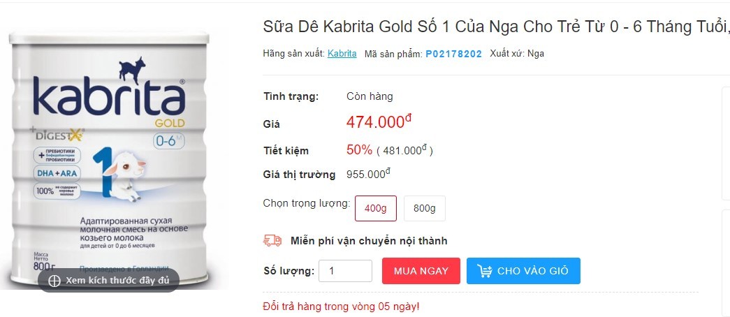 sữa dê, sữa kê Kabrita, sữa dê Nga