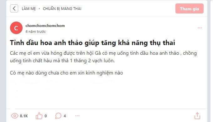 tinh dầu hoa anh thảo hỗ trợ mang thai, tinh dầu hoa anh thảo giúp thụ thai, uống tinh dầu hoa anh thảo nhanh có thai, tinh dầu hoa anh thảo tăng khả năng thụ thai webtretho