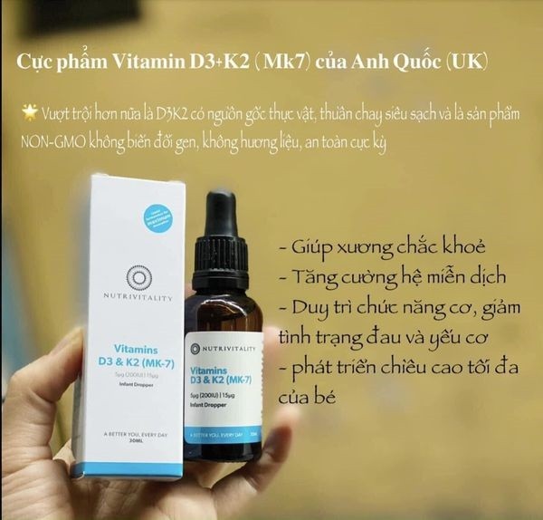 Vitamin Nutrivitality D3 & K2 là sản phẩm đang được rất nhiều mẹ lựa chọn cho con để bổ sung vitamin D3 K2 cho trẻ, giúp trẻ cao lớn, khỏe mạnh mỗi ngày. Tuy nhiên, Vitamin Nutrivitality D3 & K2 có tốt không, có hiệu quả không thì hãy cùng xem nhé.